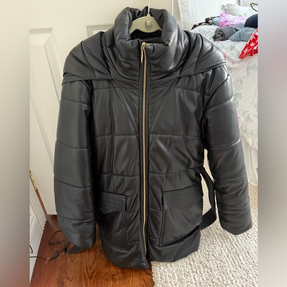 Nanushka Black Belted Vegan Leather Puffer Jacket - Picture 6 of 6